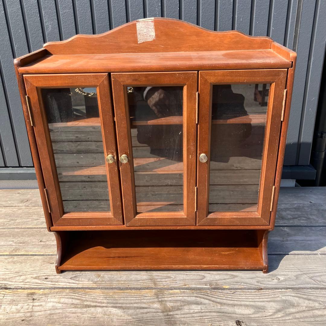 アンティーク 木製ガラス観音開き扉キャビネット 壁掛けラック コレクションケース
