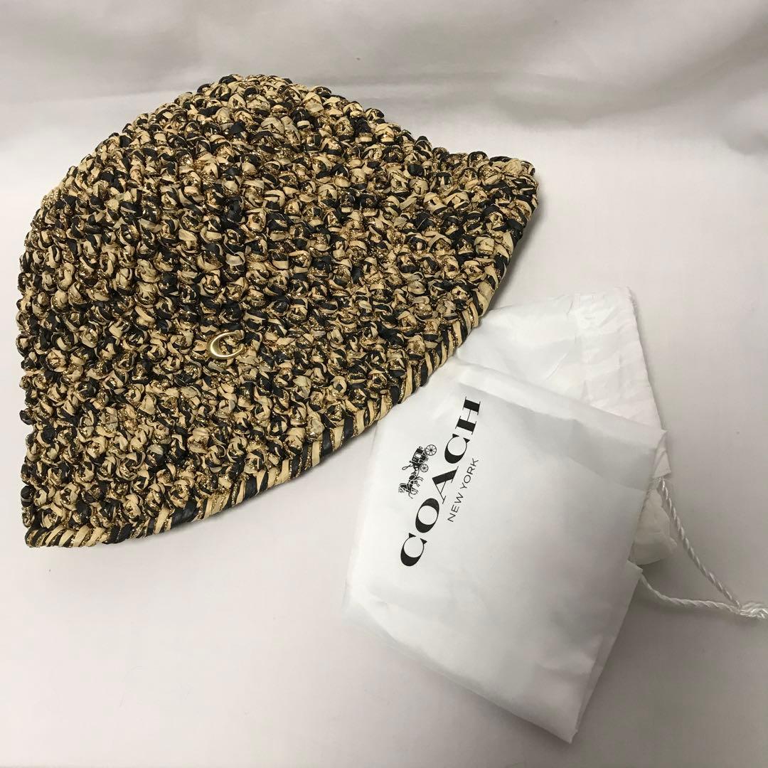 コーチ　未使用　麦わら帽子　メンズ　レディース　ベージュ×アイボリー×ゴールド