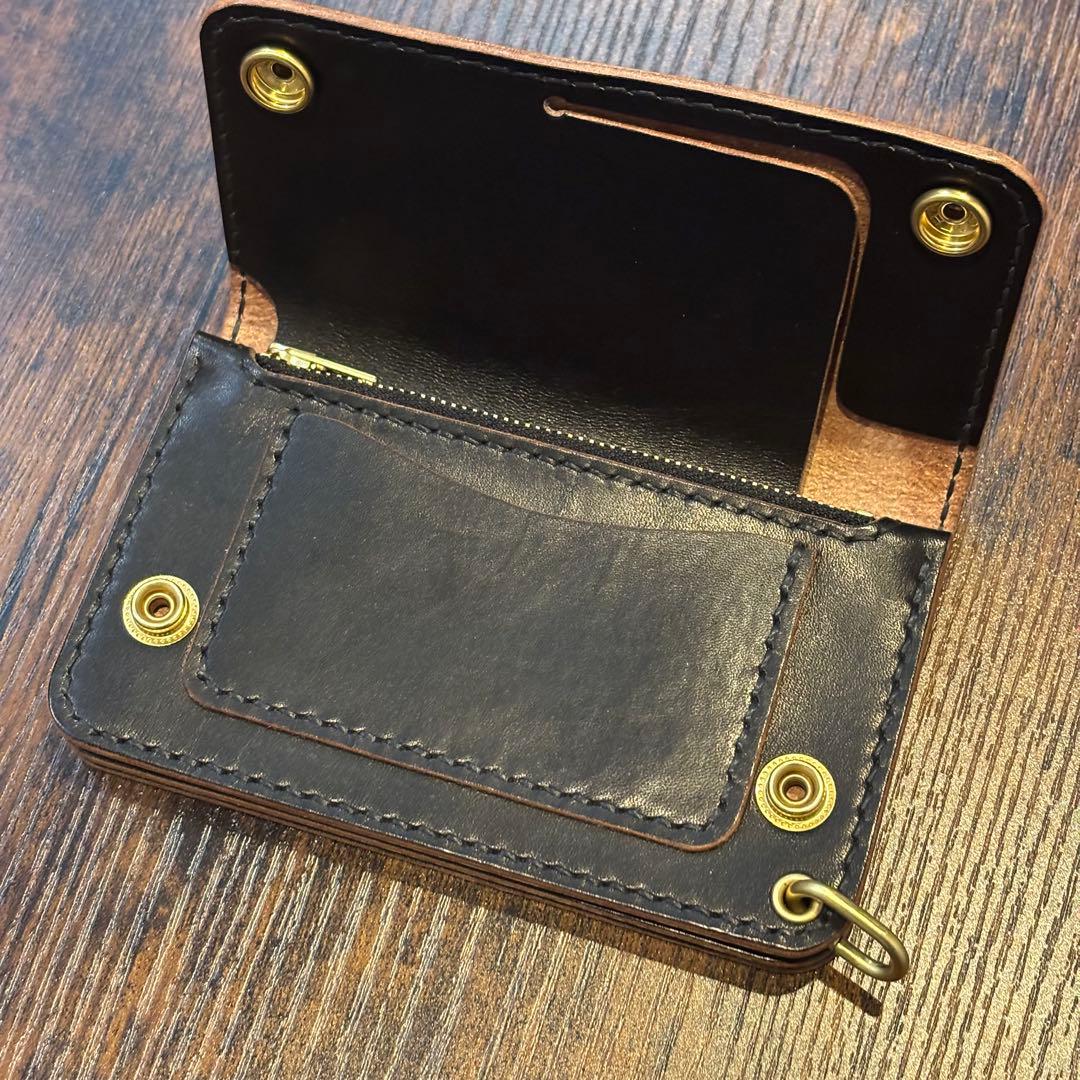 栃木レザー　ミドル　トラッカーウォレット　茶芯ブラック　3層