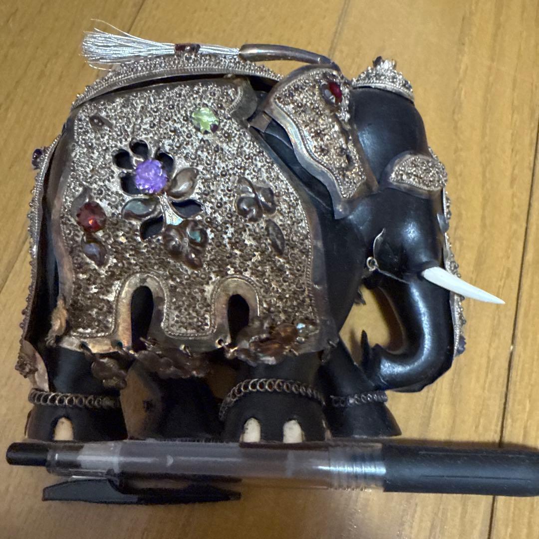 【木彫り象　シルバー装飾】ゾウの置物　スリランカ　当時物　蔵出し品