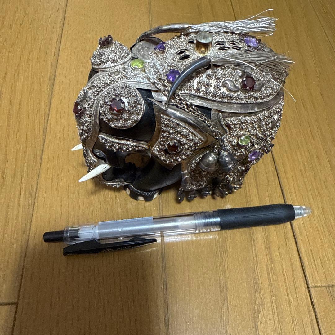 【木彫り象　シルバー装飾】ゾウの置物　スリランカ　当時物　蔵出し品