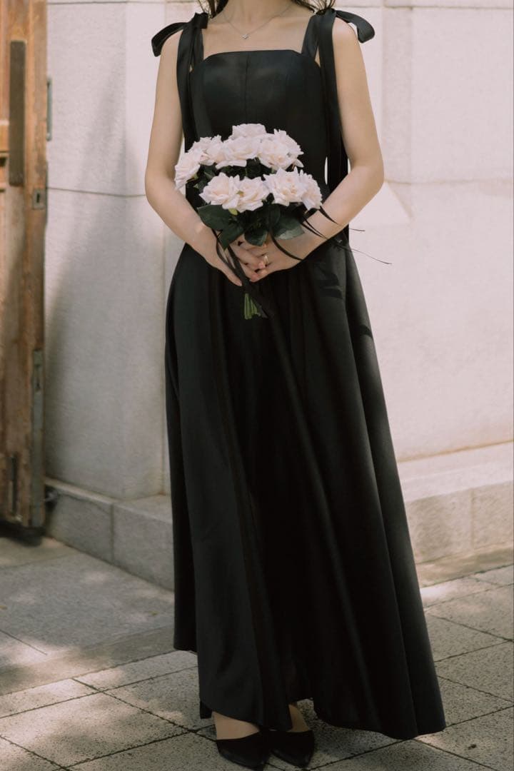 ブラックウェディングドレス 韓国風 前撮りドレス 二次会ドレス リボン