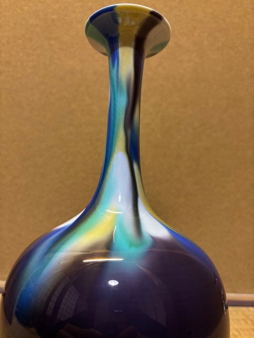 人間国宝　三代徳田八十吉　(正彦) 彩釉花入　花瓶　九谷焼　高さ26.5cm