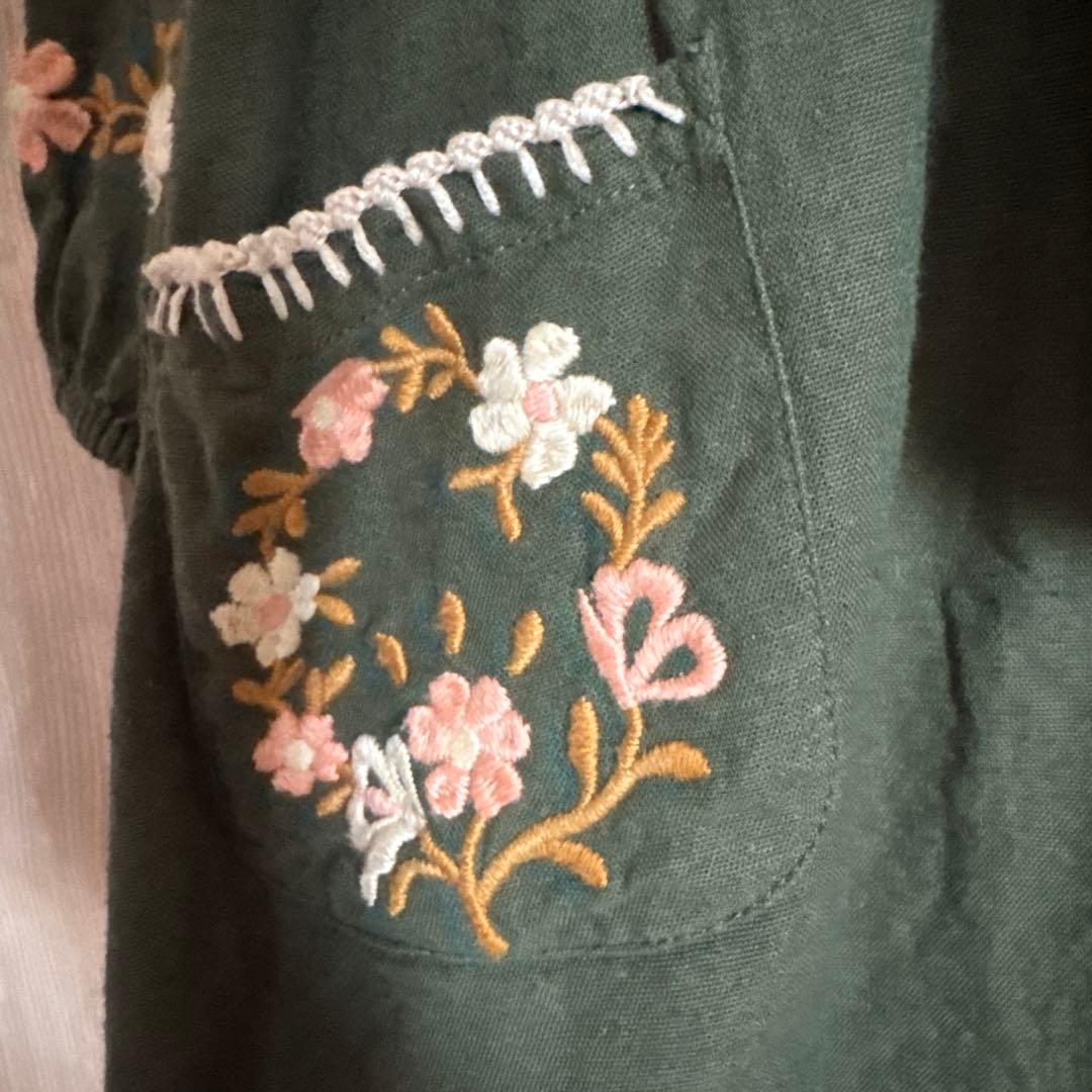 apolina 花柄刺繍 ワンピース オリーブグリーン 5-7y