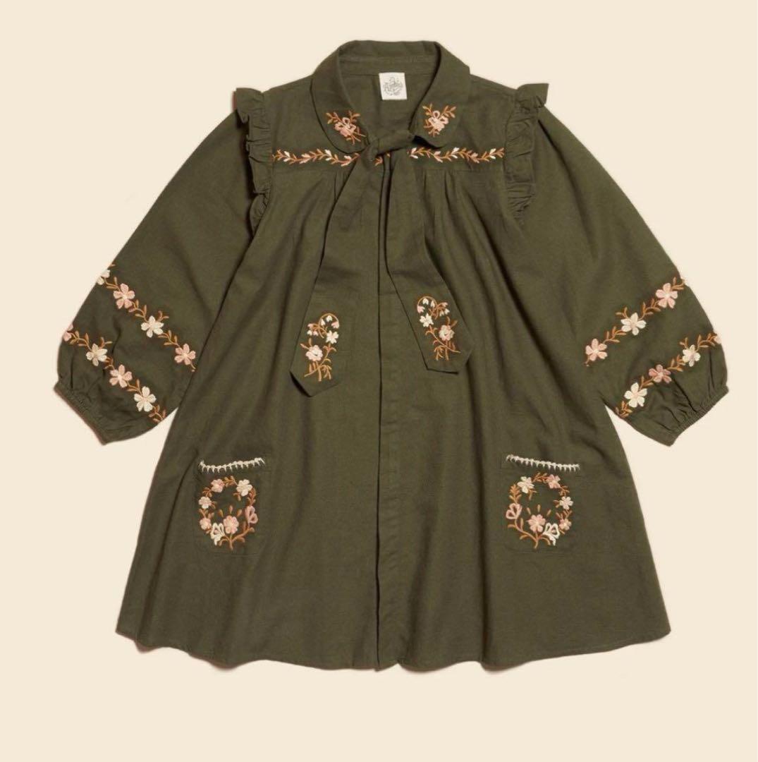apolina 花柄刺繍 ワンピース オリーブグリーン 5-7y