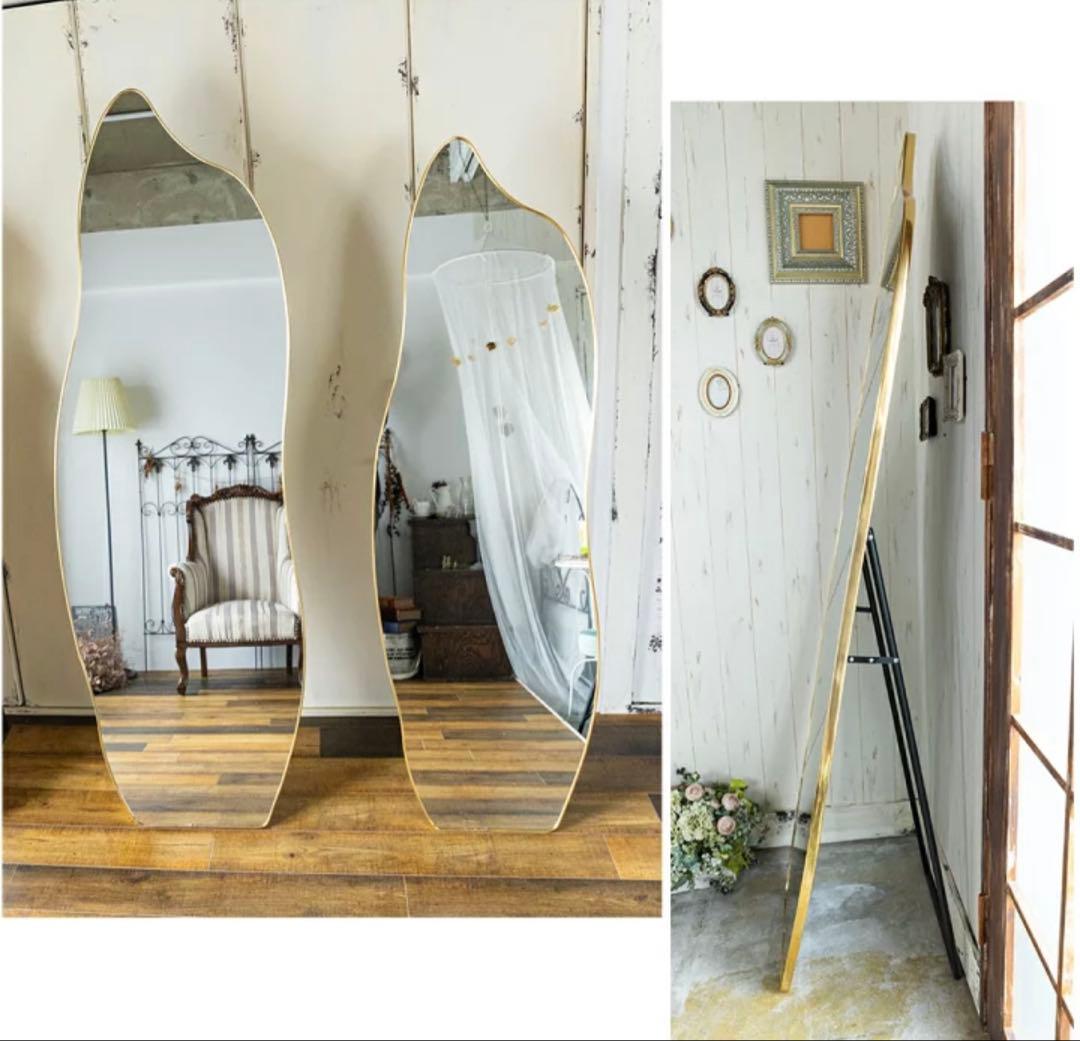 ウェーブミラー　全身　姿見鏡　ゴールド