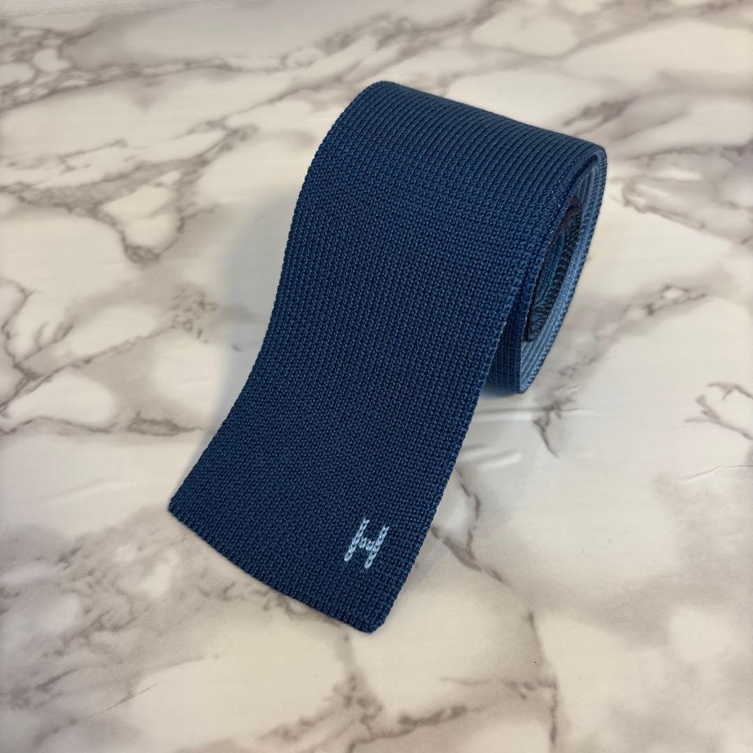 【箱&カード付極美品✨】HERMES ニットタイ　4way ブルー　ネイビー　青
