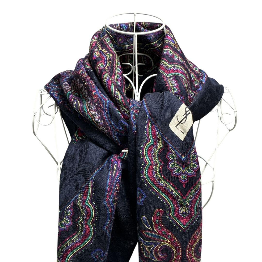 極美品✨イヴサンローラン シルク混 ペイズリー柄 大判スカーフストール 肩掛け