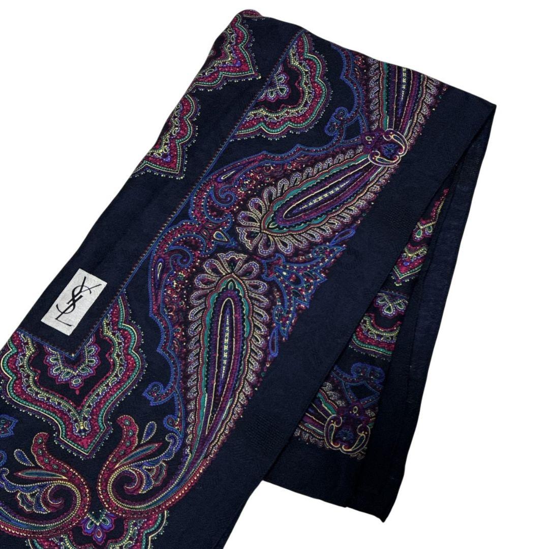 極美品✨イヴサンローラン シルク混 ペイズリー柄 大判スカーフストール 肩掛け