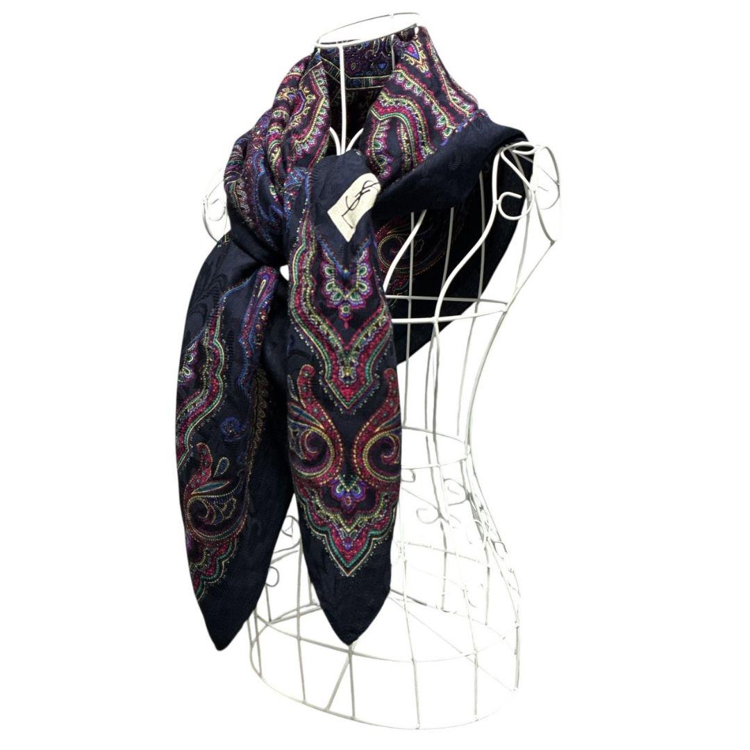 極美品✨イヴサンローラン シルク混 ペイズリー柄 大判スカーフストール 肩掛け