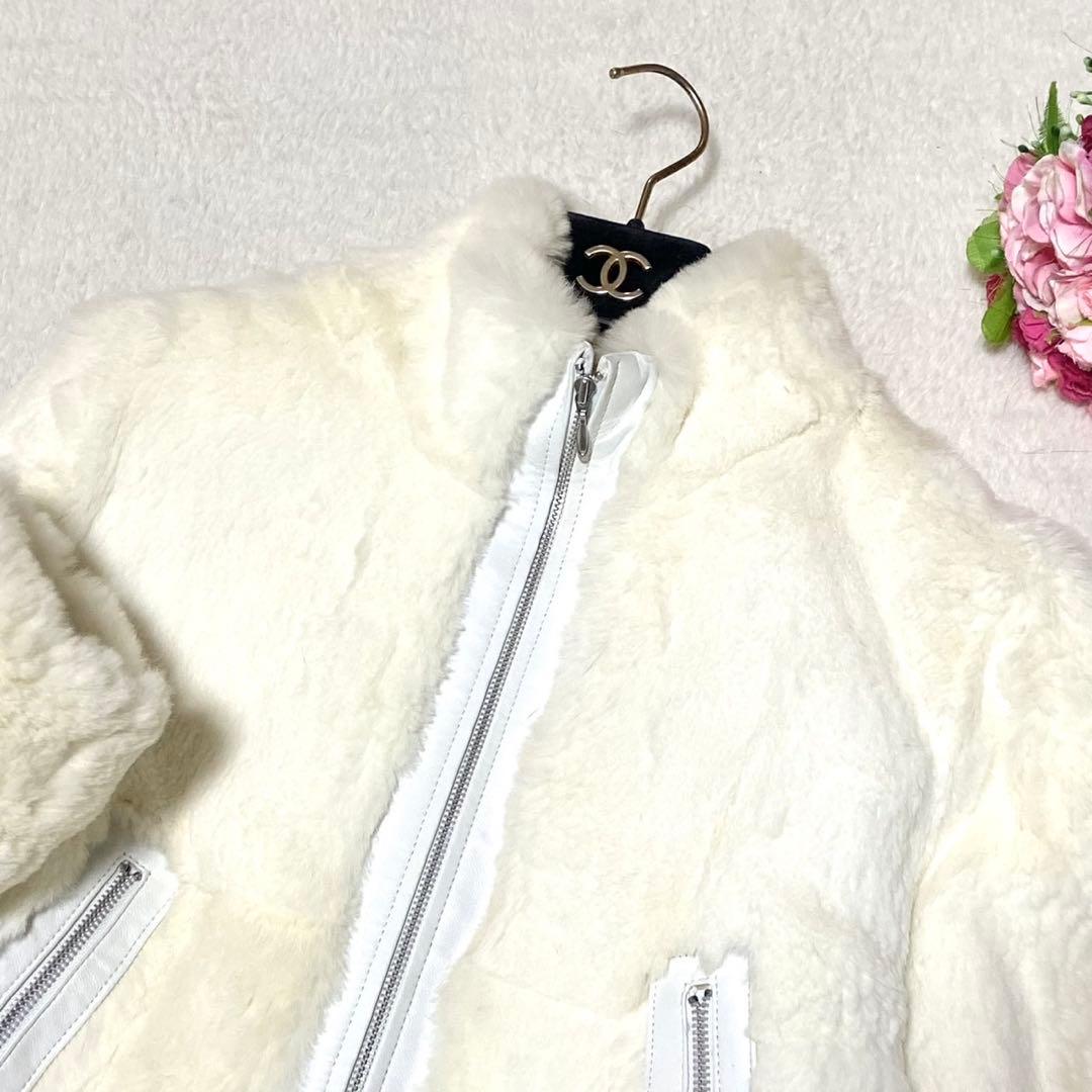 【美品】LORITTI 本毛皮 ブルゾン ラビット ホワイト サイズM