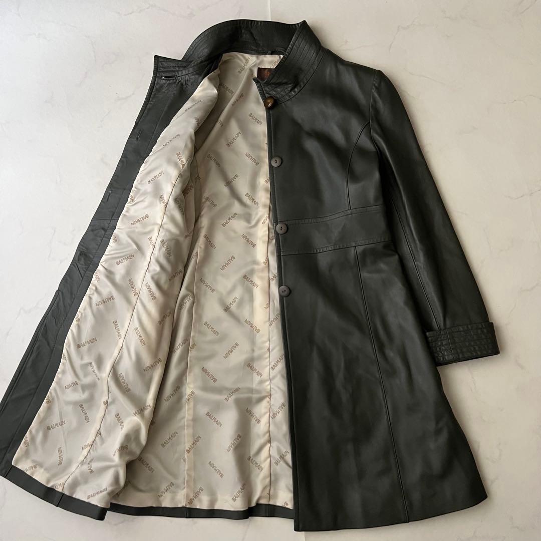 BALMAIN バルマン レザーロングコート モスグリーン 11号 ラムレザー
