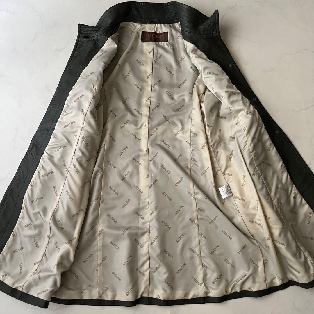 BALMAIN バルマン レザーロングコート モスグリーン 11号 ラムレザー