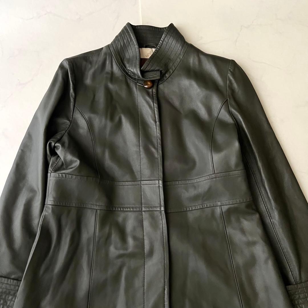 BALMAIN バルマン レザーロングコート モスグリーン 11号 ラムレザー