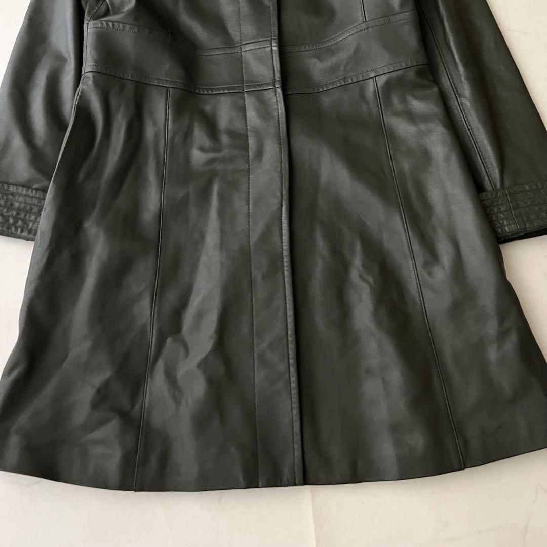 BALMAIN バルマン レザーロングコート モスグリーン 11号 ラムレザー