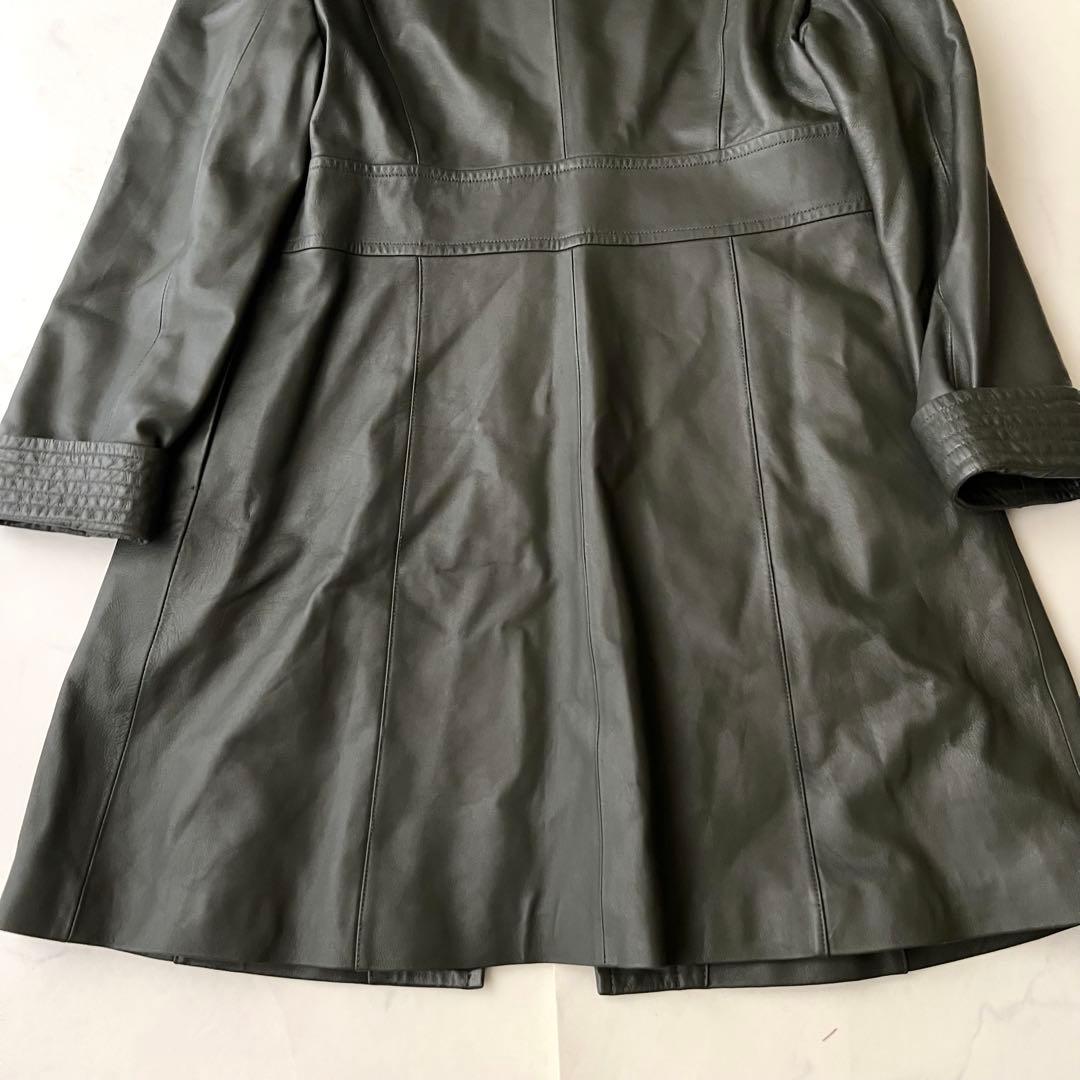 BALMAIN バルマン レザーロングコート モスグリーン 11号 ラムレザー