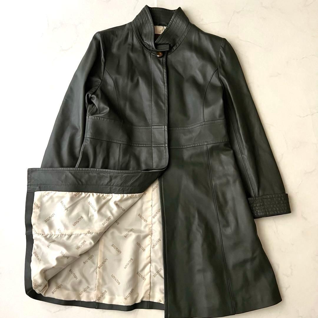 BALMAIN バルマン レザーロングコート モスグリーン 11号 ラムレザー