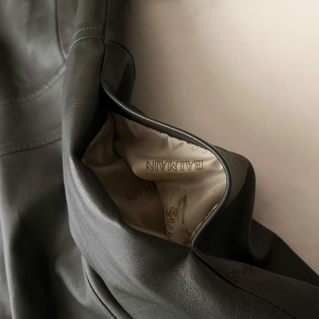 BALMAIN バルマン レザーロングコート モスグリーン 11号 ラムレザー