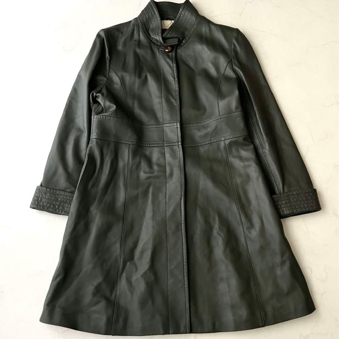 BALMAIN バルマン レザーロングコート モスグリーン 11号 ラムレザー