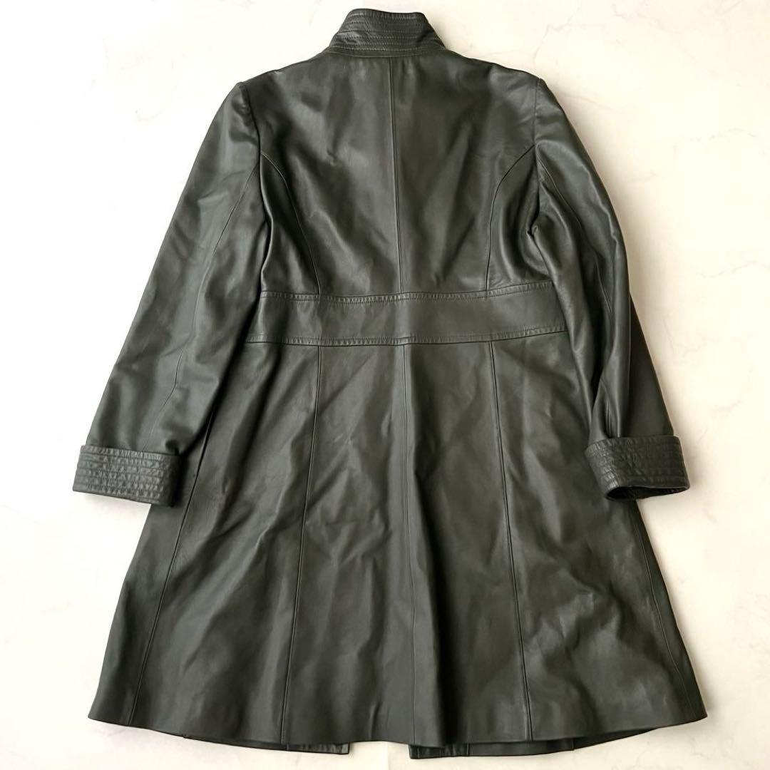 BALMAIN バルマン レザーロングコート モスグリーン 11号 ラムレザー