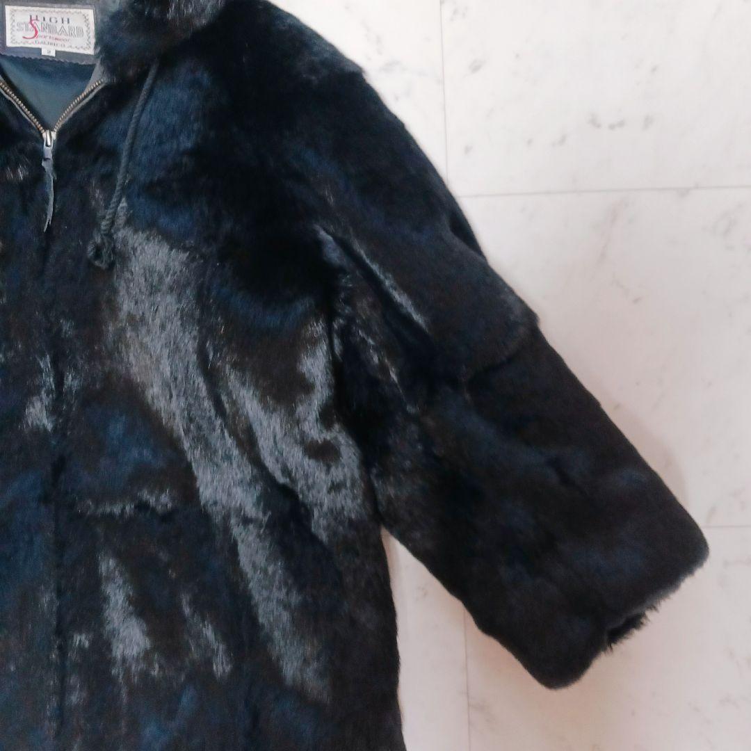 ラビットファー コート M ブラック フード付 毛皮 リアルファー ジップアップ