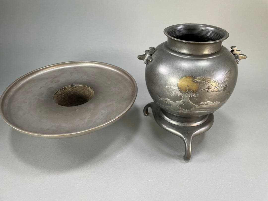 いけばな　池坊　古流　銅薄端　波鶴耳付　華道　銅器　花瓶