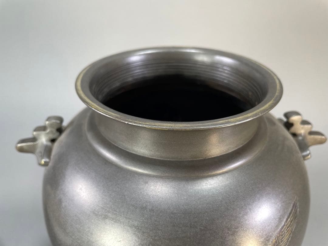 いけばな　池坊　古流　銅薄端　波鶴耳付　華道　銅器　花瓶