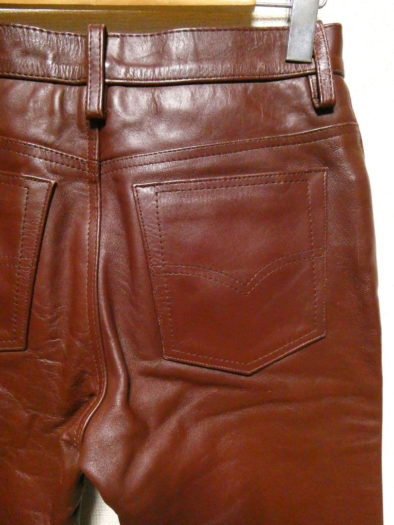 大人気カラー！レッドブラウン！Bikersブーツカットレザーパンツ本革31