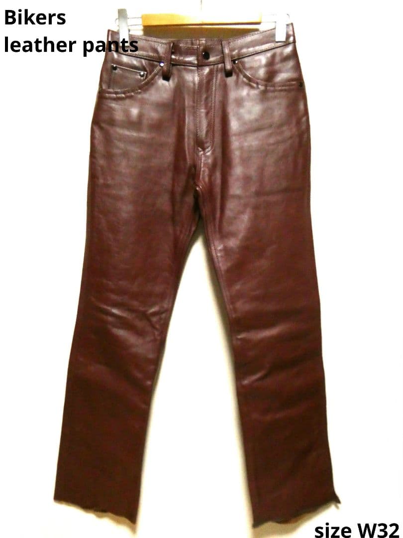 大人気カラー！レッドブラウン！Bikersブーツカットレザーパンツ本革31