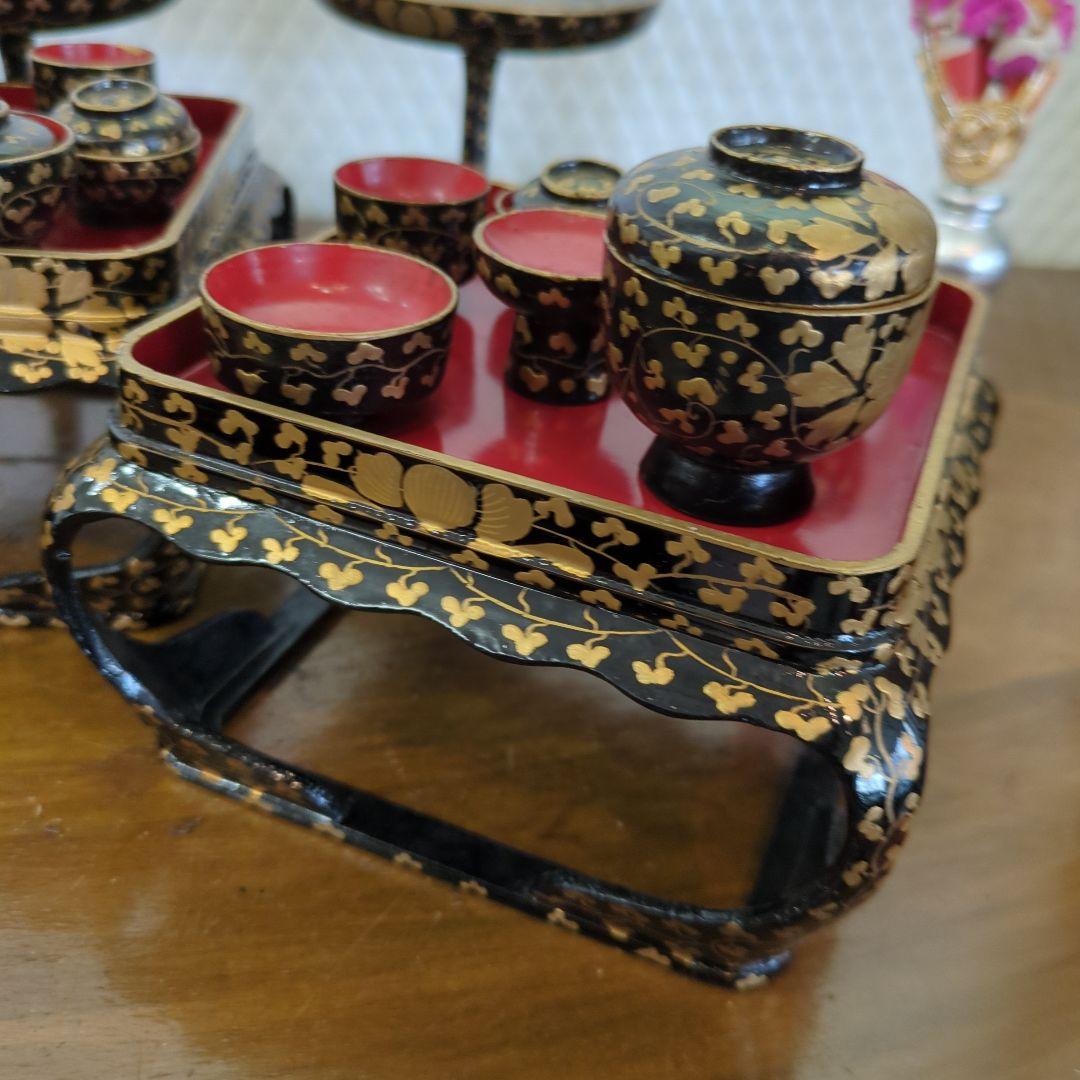 骨董　雛道具　お雛様　ひな祭り　木製　漆器　一式　金彩　木箱