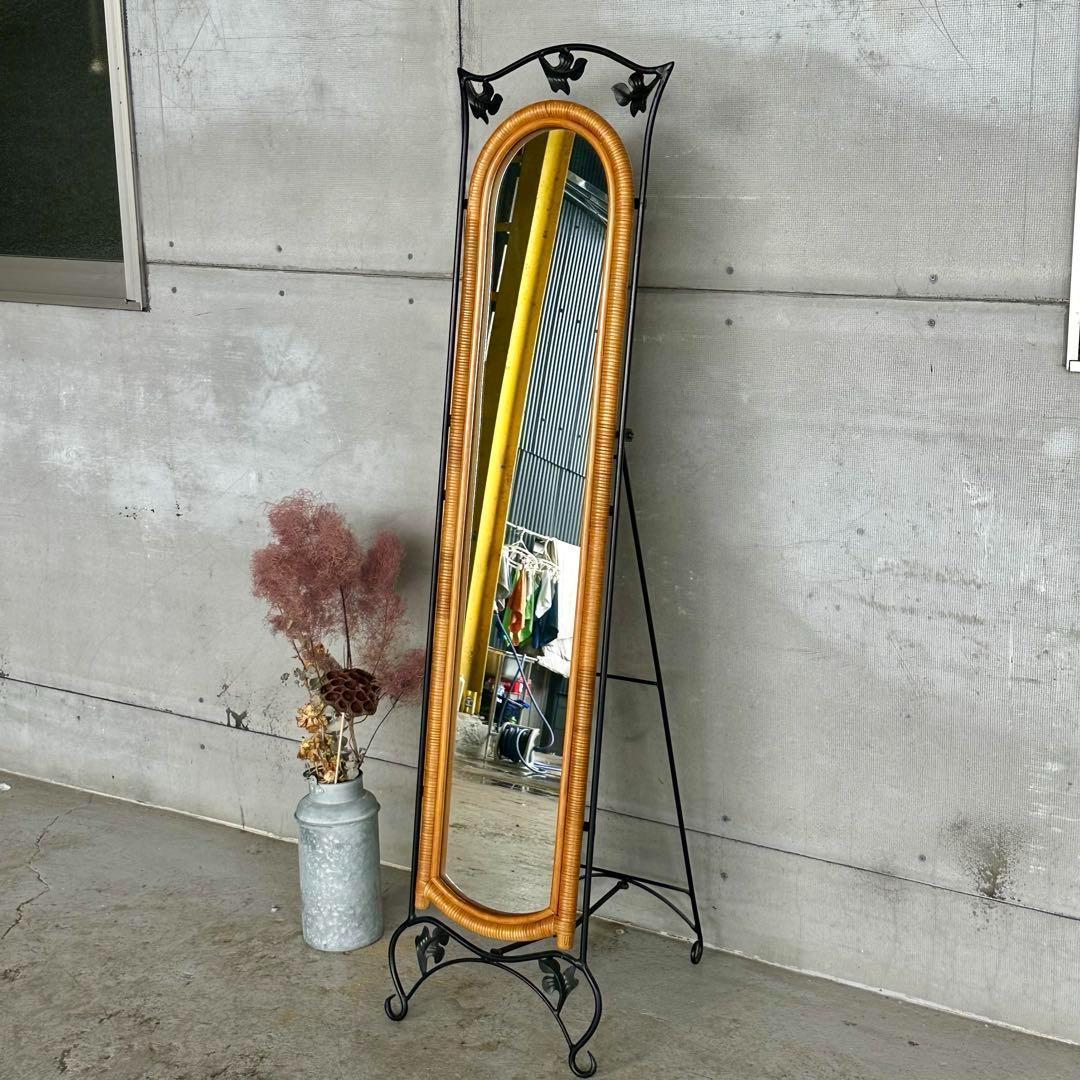 ✿レトロ✿可愛いアイアン装飾 ラタンフレーム 全身鏡 姿見 アンティーク調
