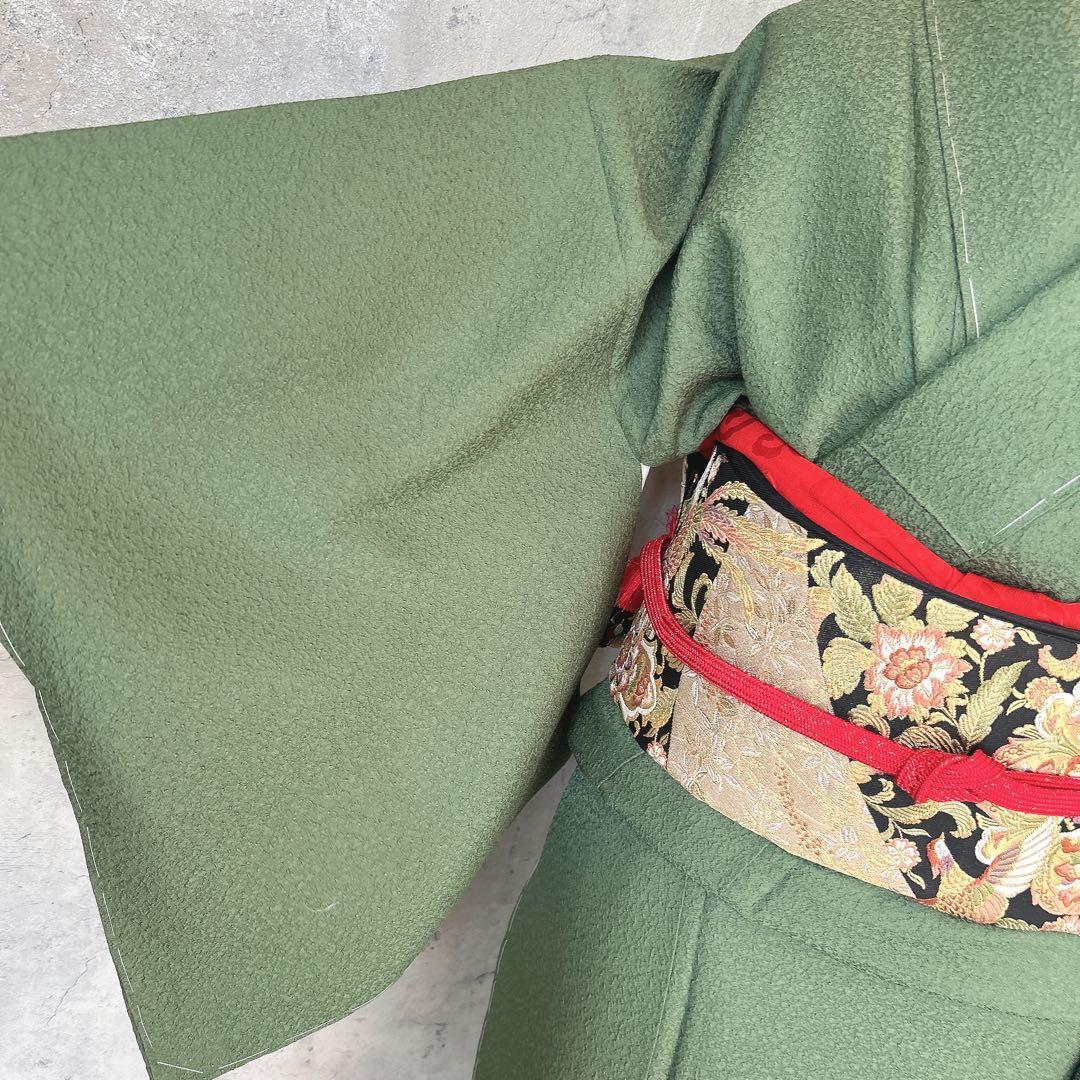 色無地　フルセット　着物　正絹　濃い緑　未使用　p5