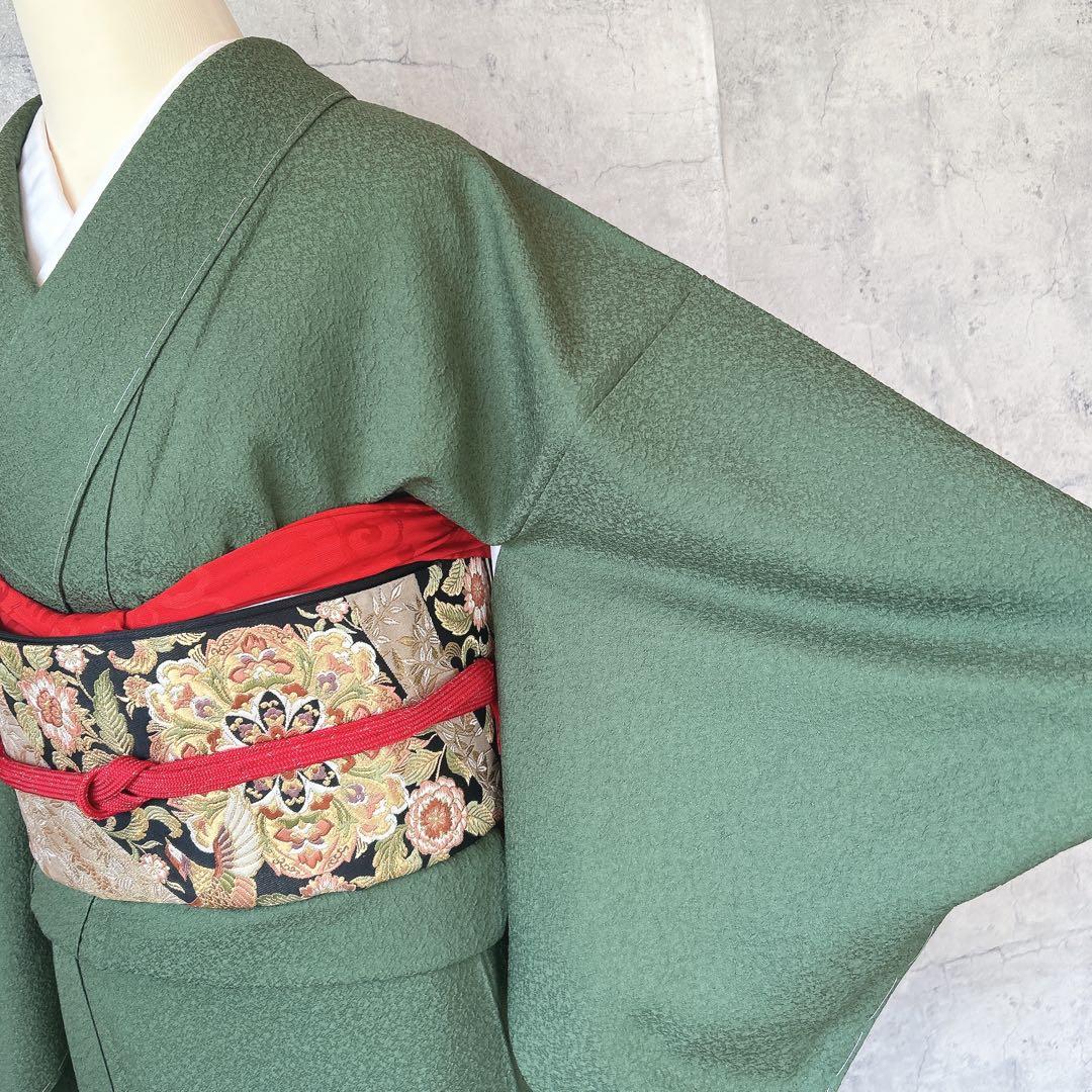 色無地　フルセット　着物　正絹　濃い緑　未使用　p5