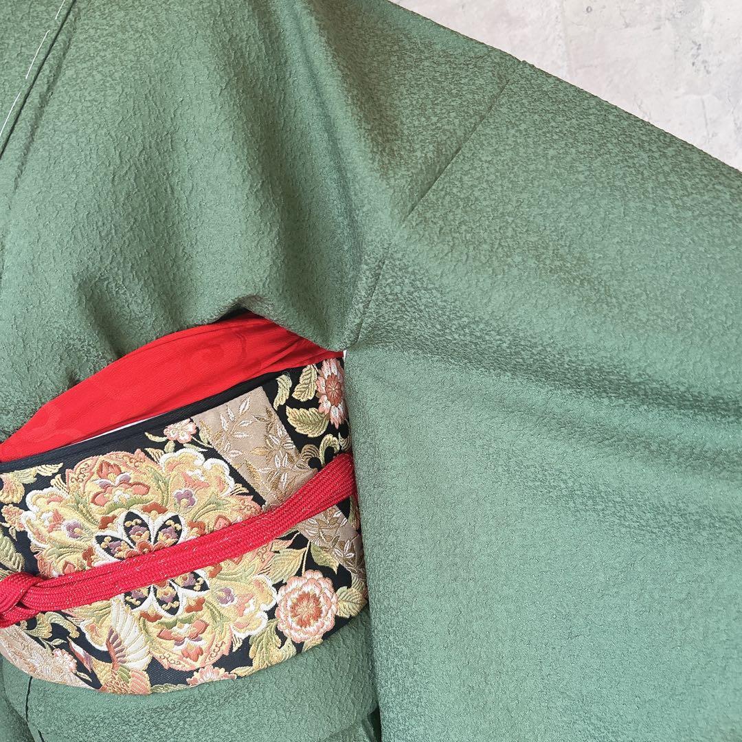 色無地　フルセット　着物　正絹　濃い緑　未使用　p5