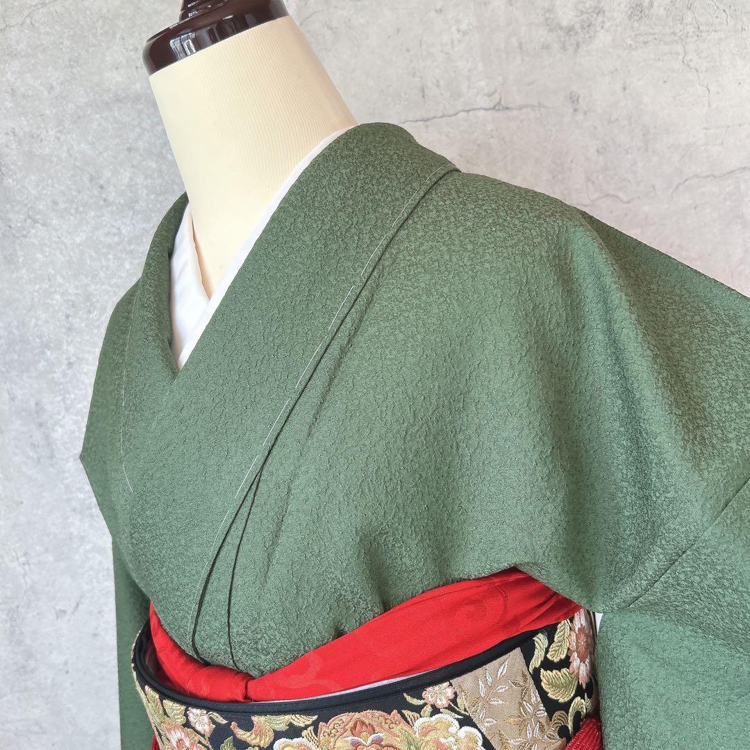 色無地　フルセット　着物　正絹　濃い緑　未使用　p5