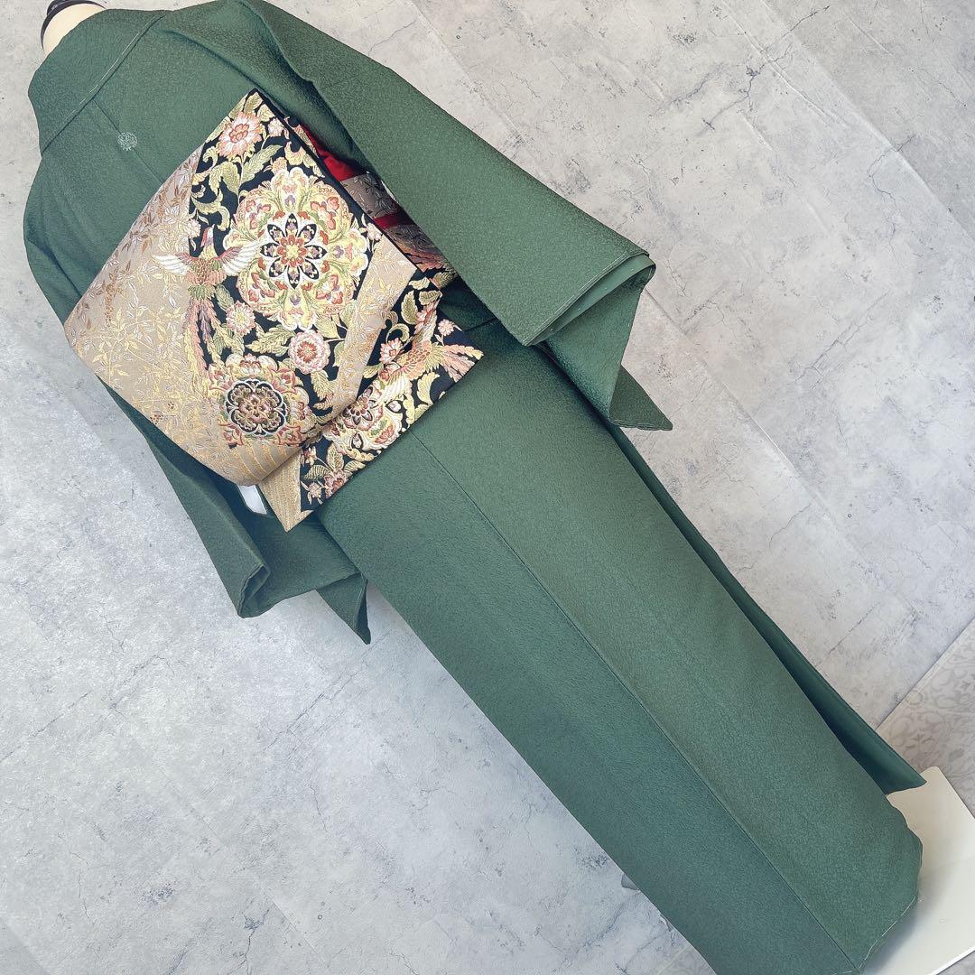 色無地　フルセット　着物　正絹　濃い緑　未使用　p5