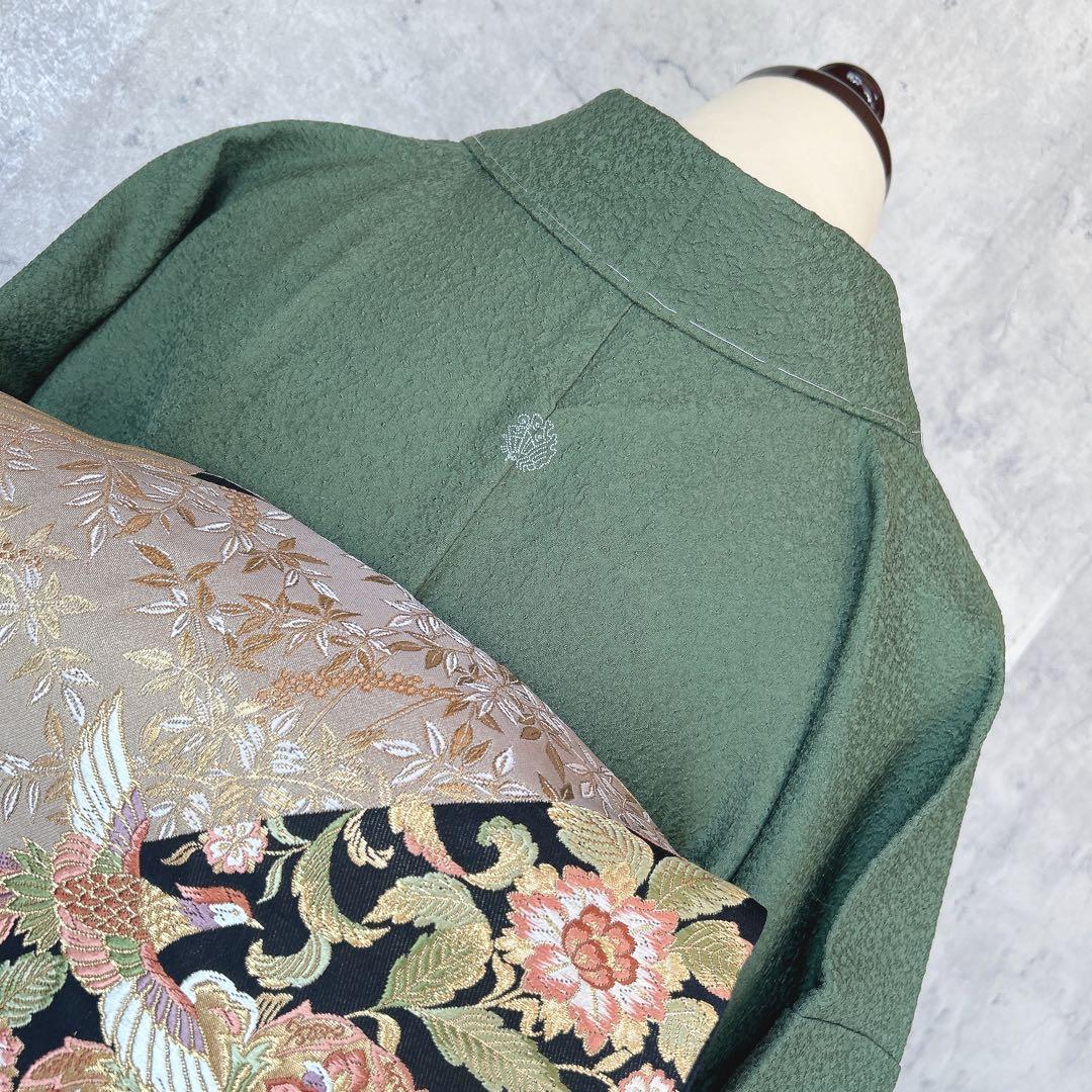 色無地　フルセット　着物　正絹　濃い緑　未使用　p5