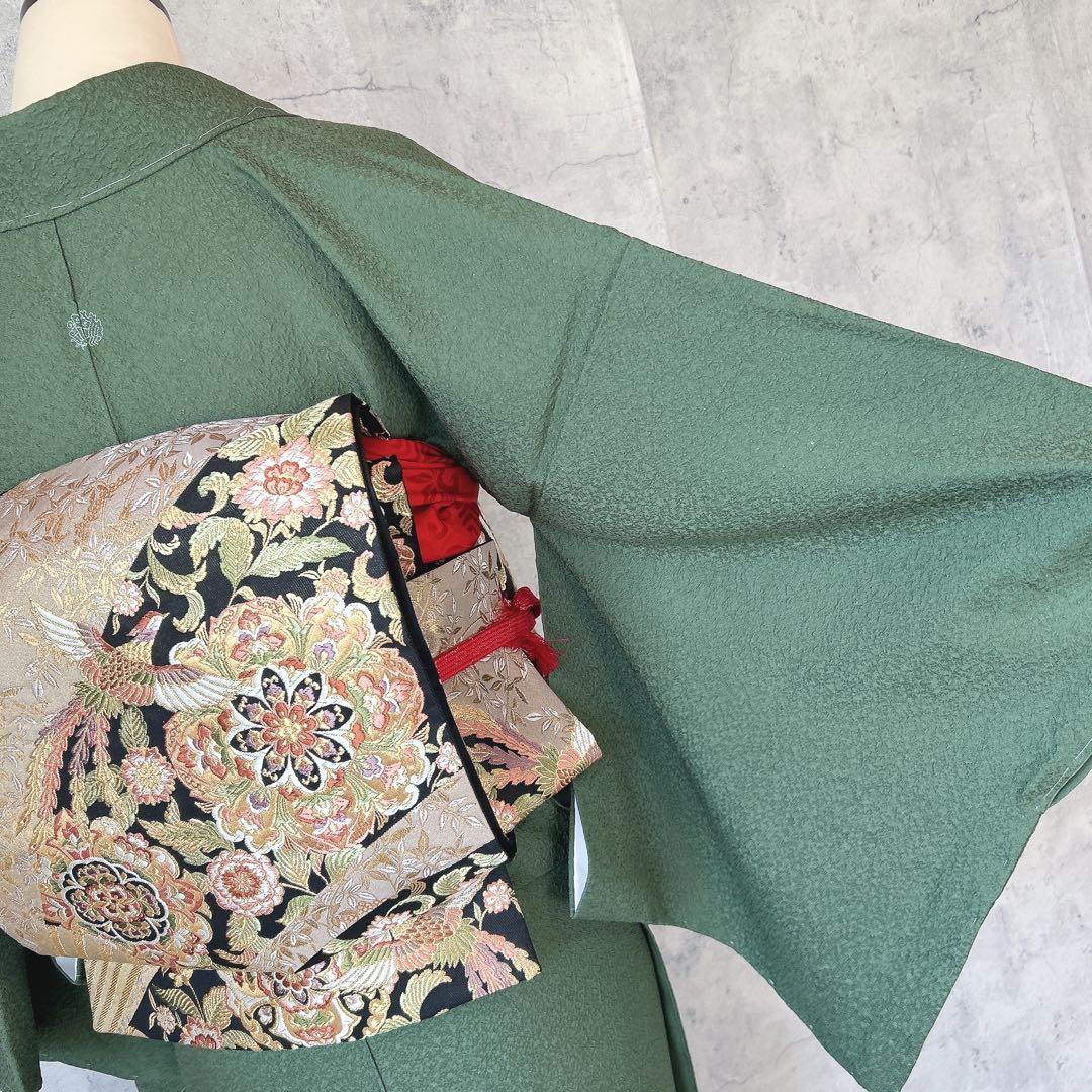 色無地　フルセット　着物　正絹　濃い緑　未使用　p5