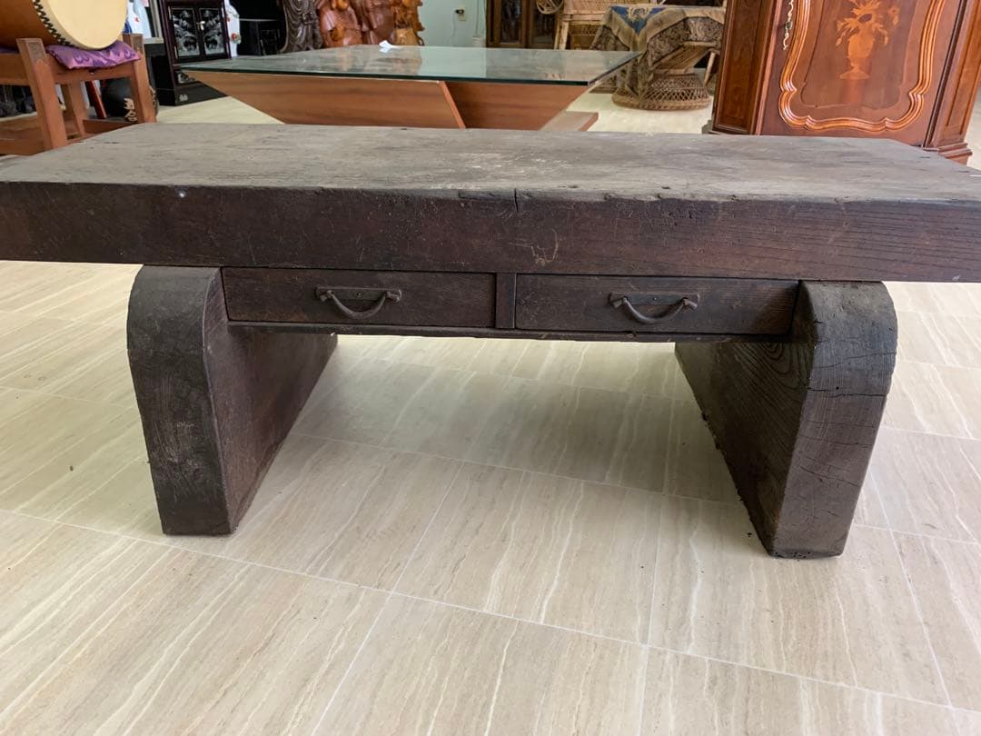 木製文机 ダークブラウン 2引き出し