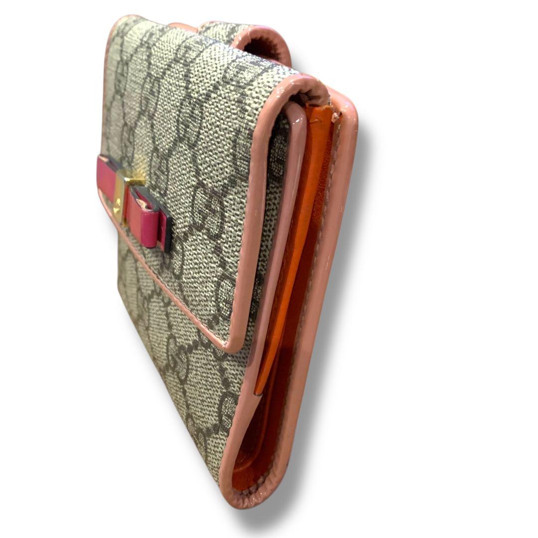 グッチ 折り財布 GGスプリーム ピンク×ベージュ　キャンバス　リボン　箱付き