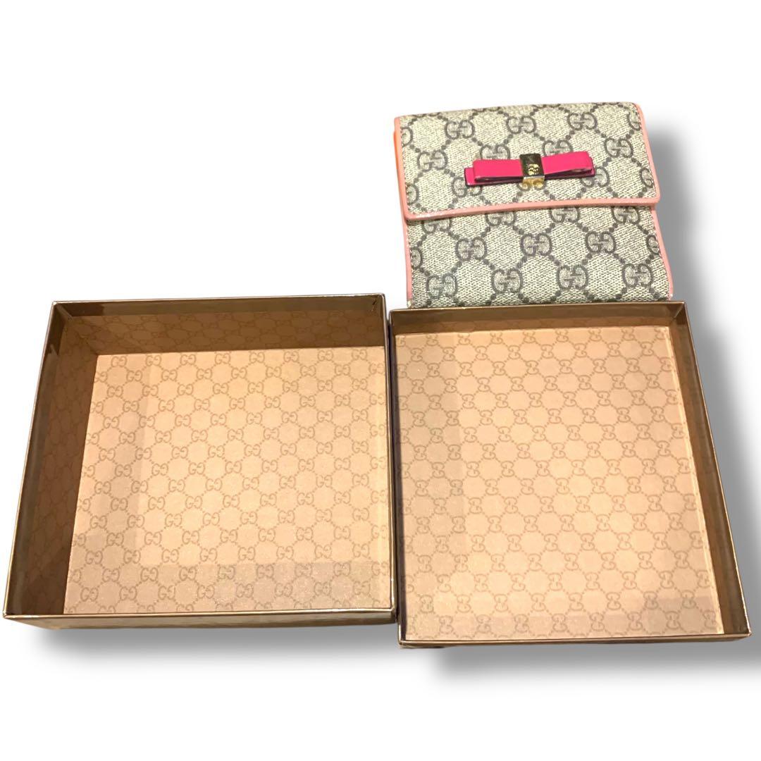 グッチ 折り財布 GGスプリーム ピンク×ベージュ　キャンバス　リボン　箱付き