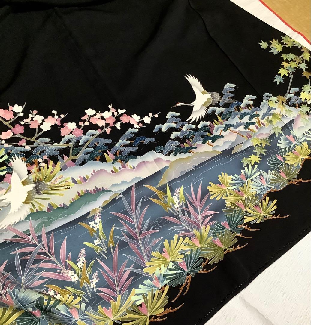 正絹黒留袖　友禅　作家物　風景飛鶴文　⑧( 訪問着、紬、袋帯なども出品)