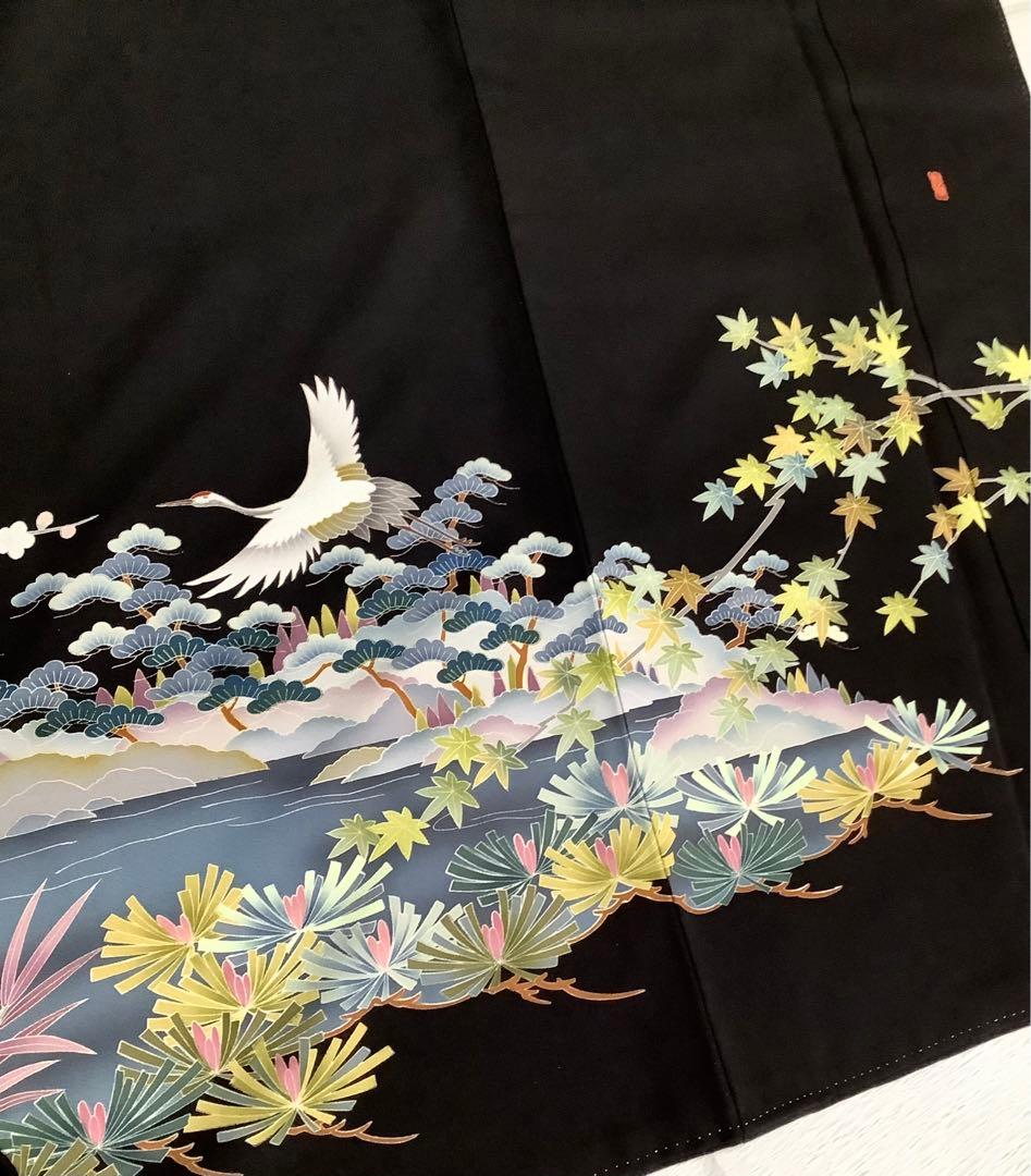 正絹黒留袖　友禅　作家物　風景飛鶴文　⑧( 訪問着、紬、袋帯なども出品)
