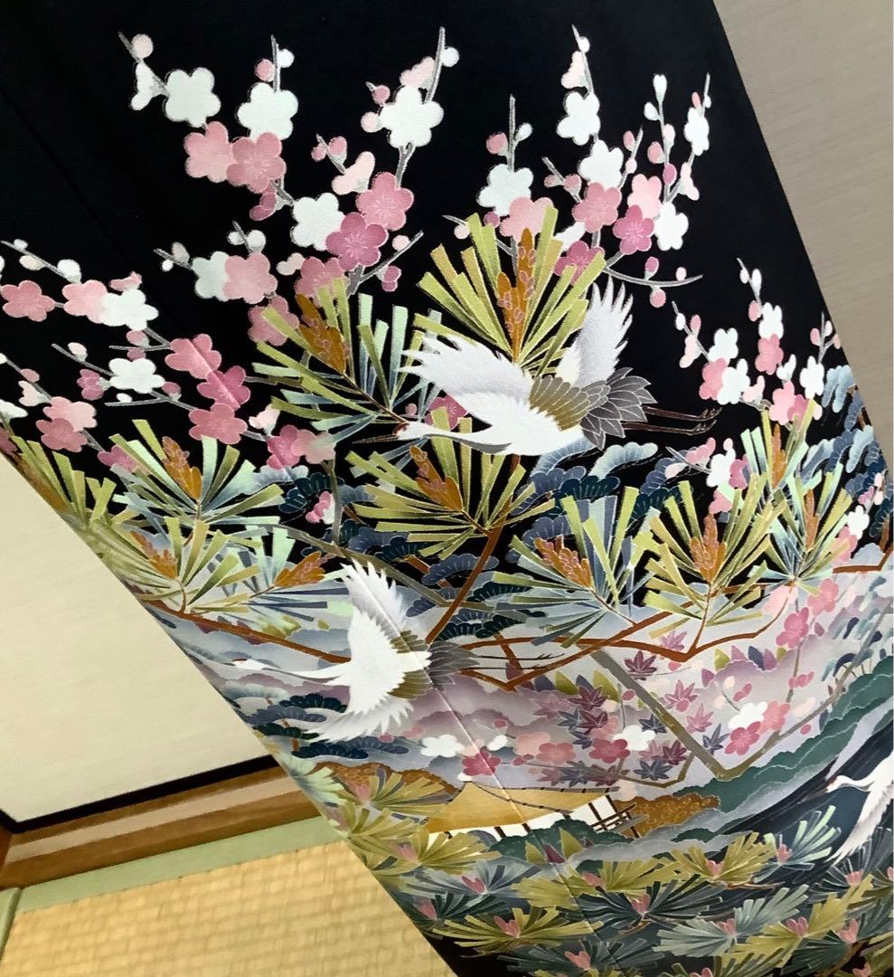 正絹黒留袖　友禅　作家物　風景飛鶴文　⑧( 訪問着、紬、袋帯なども出品)