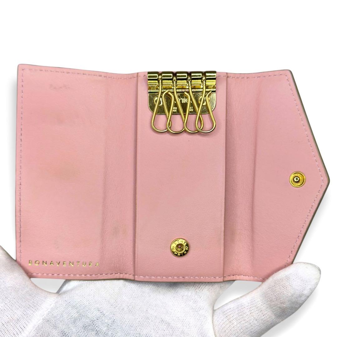 ボナベンチュラ 4連 キーケース レザー ステッチ グレージュ ベージュ ピンク