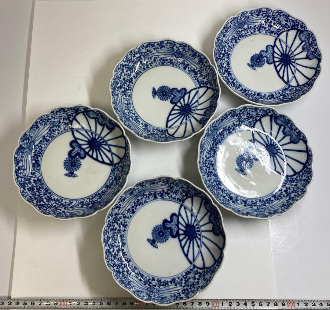 古伊万里　渦福　花唐草膾皿5枚　幅約16㎝　東Y7-0204☆2Fタサオ