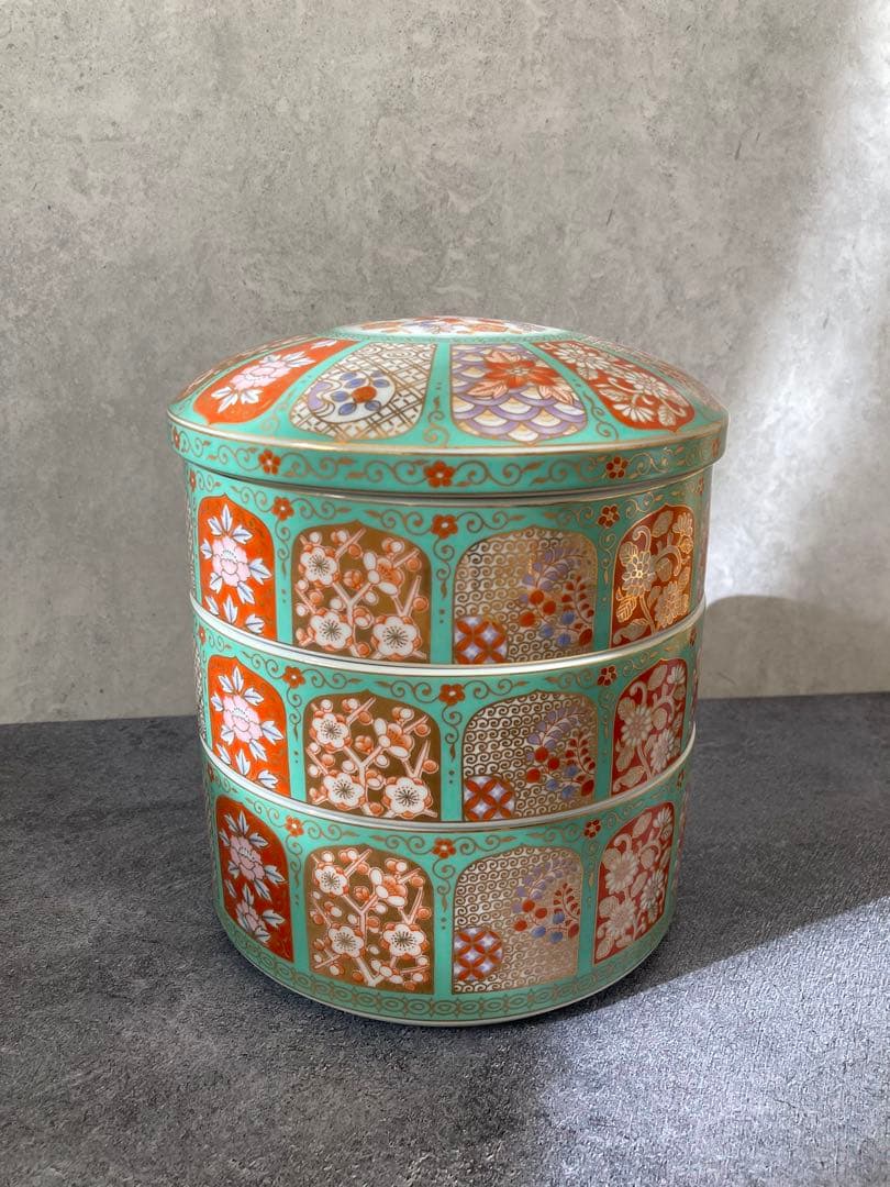 前畑陶器　庫山窯　翠金彩　三段重