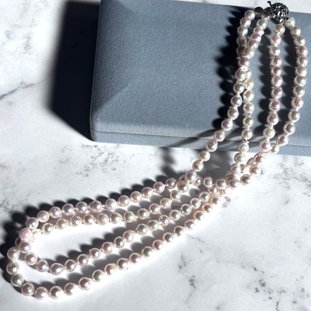 【百貨店証明書付】照り干渉色◎あこや真珠120㎝ロングパールネックレス 約8mm