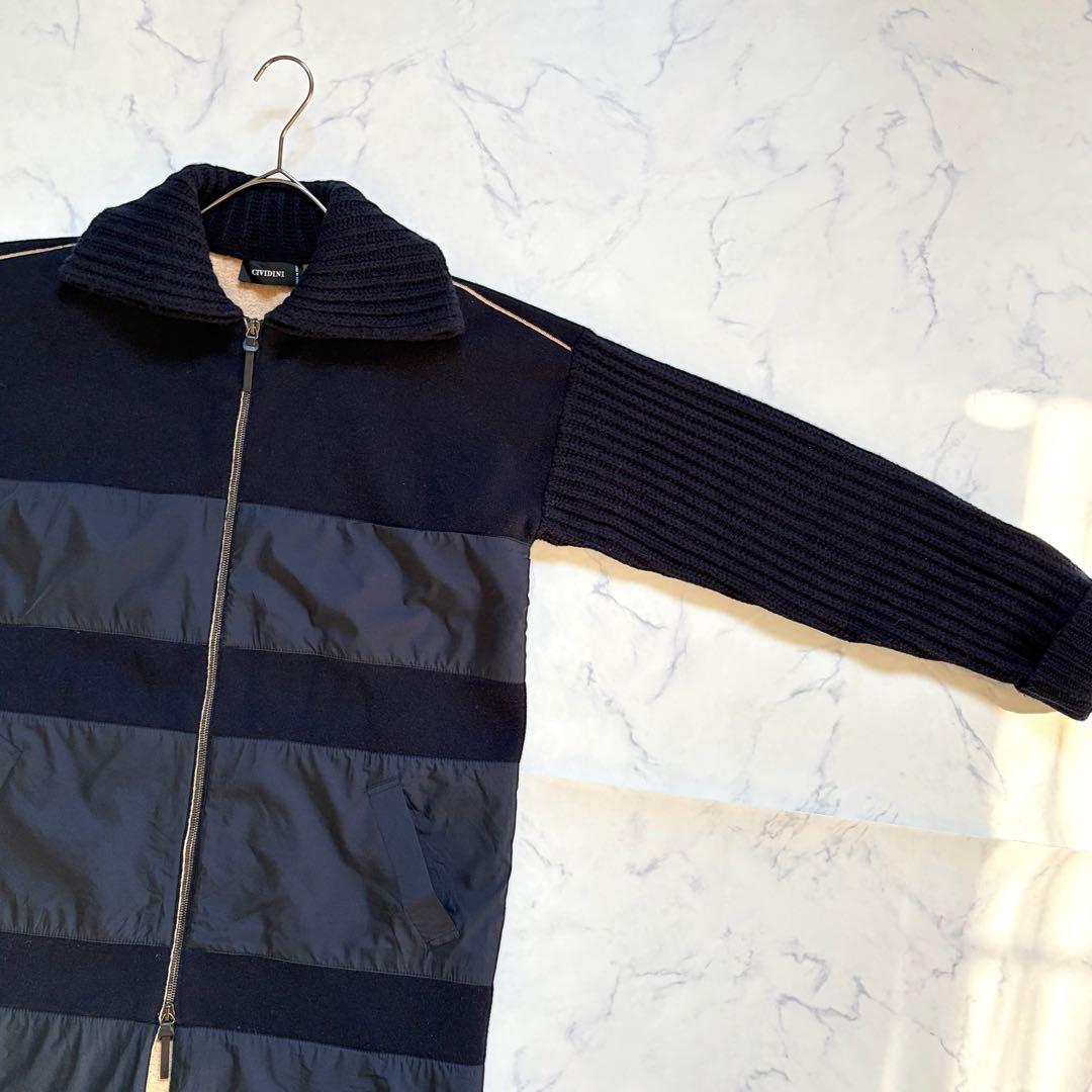 CIVIDINI イタリア製 ニット異素材コート ダブルジップ 紺 Lサイズ