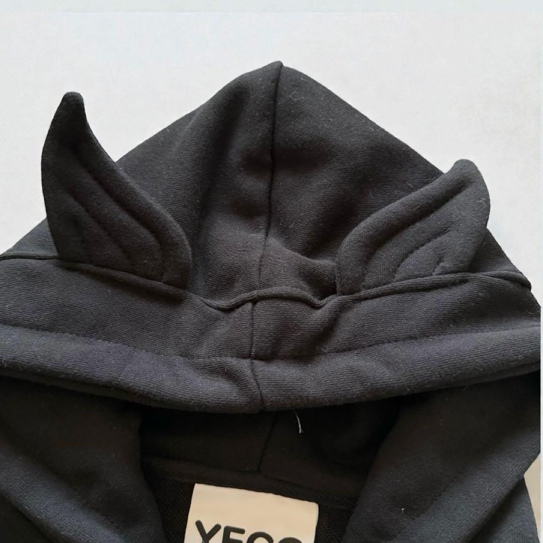 YEGG ジップアップパーカー　フーディ耳付き ブラック 韓国 刺繍ロゴ